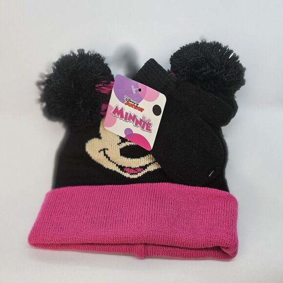 Disney Minnie Mouse Beanie Black & Pink pom-pom Mouse Ears Pink Bow Toddler Kids - Picture 4 of 6